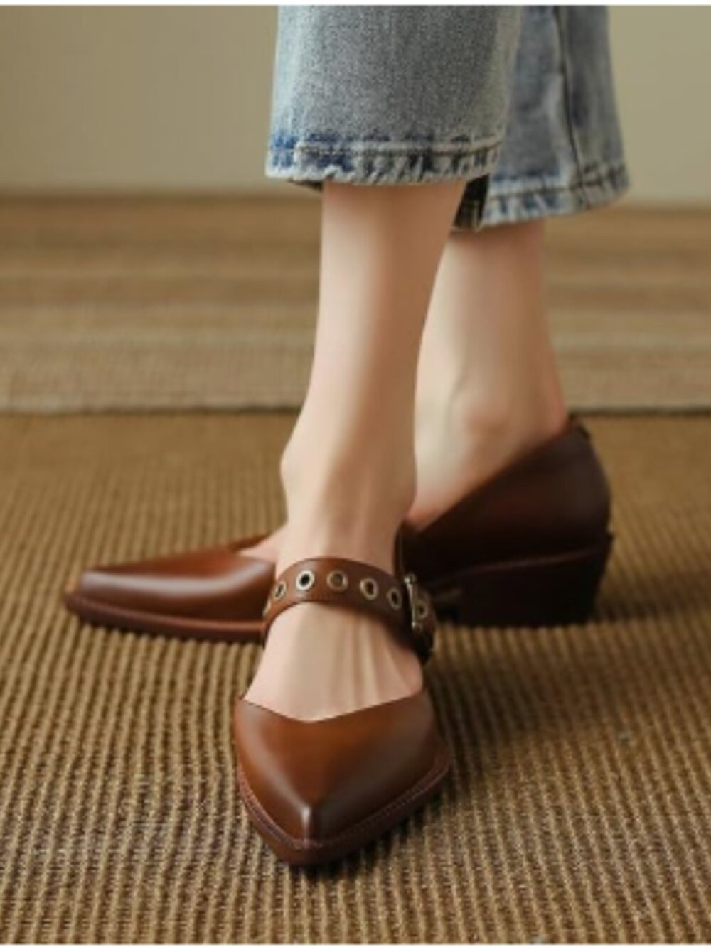 YDN Brown Pointed Toe Mary Jane Chunky Heels Loafers Hollow Buckle Pumps